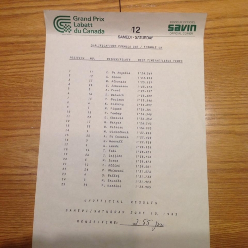 1985 Canadian GP Saturday Official Qualifying Timesheet